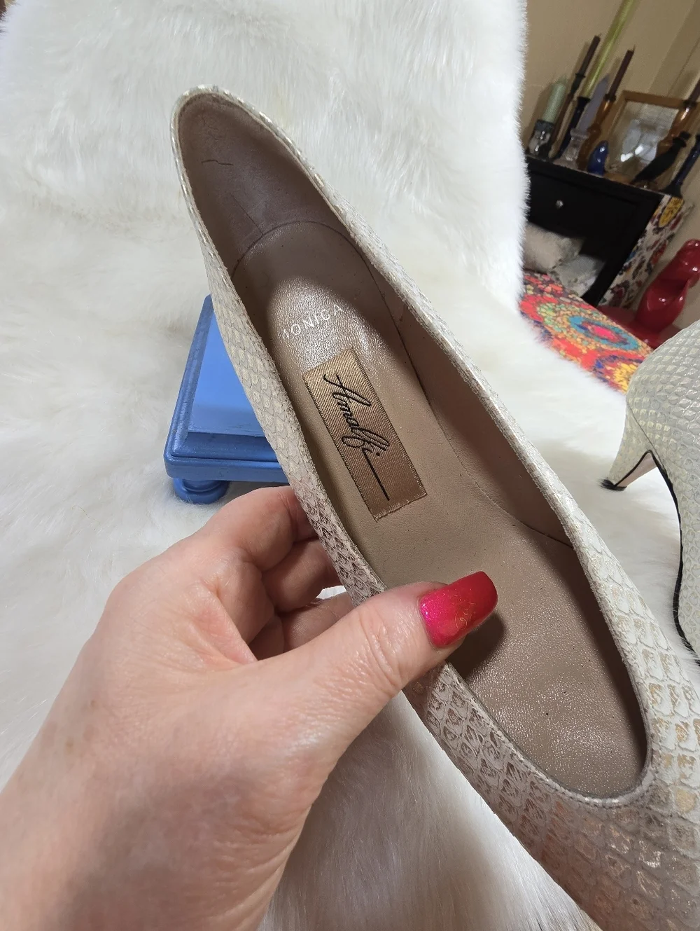Amalfi Metallic Ivory Snakeskin Print Pointed Toe Pumps - Womens